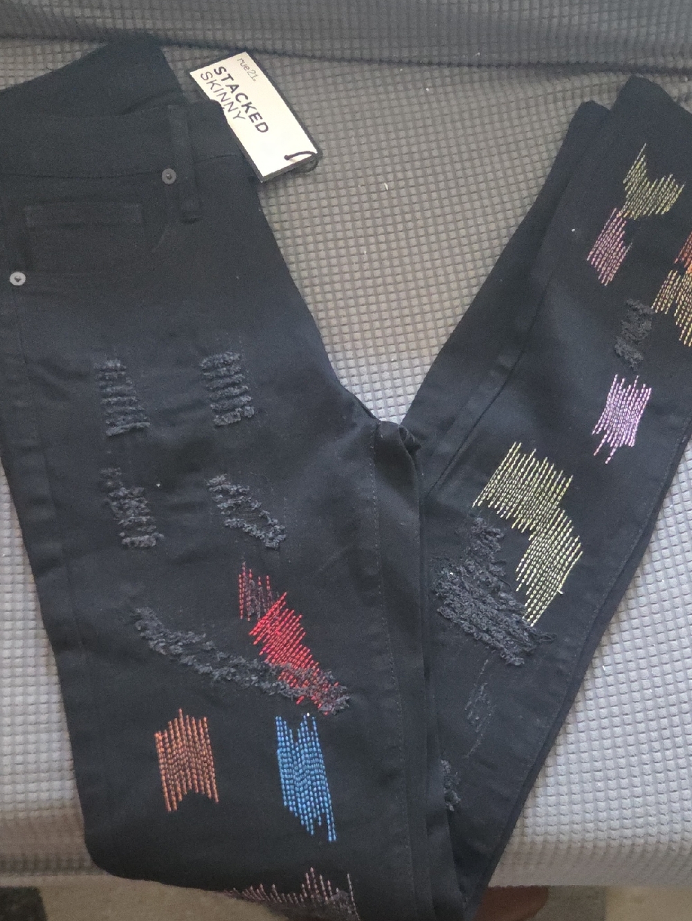 Black Stacked Skinny   Jeans with Multicolor Embroidered Accents